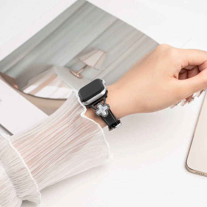 Close-up of ADIONI premium black leather Apple Watch strap, adjustable and luxury design