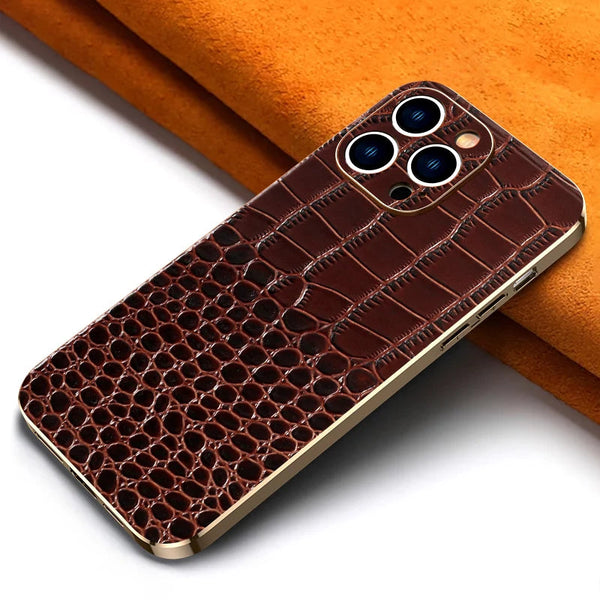 Brown crocodile pattern phone case on a white background