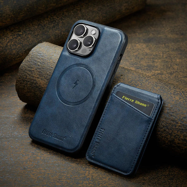 LANGSIDI Genuine Leather iPhone Case – Shockproof, Magnetic, Anti-Scratch, Card Holder, Full Protection for iPhone 14, 15, 16 ADIONI in blue