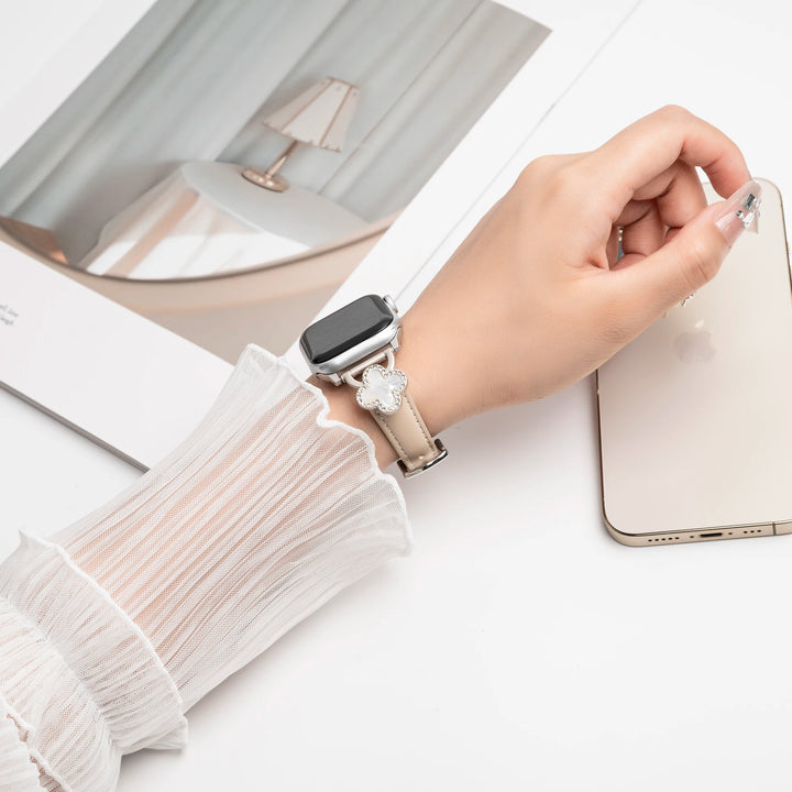 Beige ADIONI Apple Watch luxury strap, versatile fit and elegant leather design