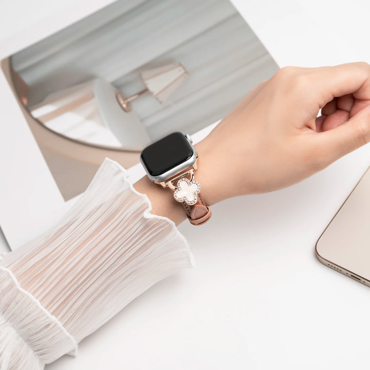 ADIONI brown leather Apple Watch strap worn on wrist, premium luxury band
